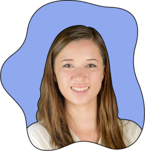 Portrait of a local Sherpa guide with long brown hair, smiling warmly in front of a wavy light blue background, evoking the serene beauty and spirit of the Himalayas.