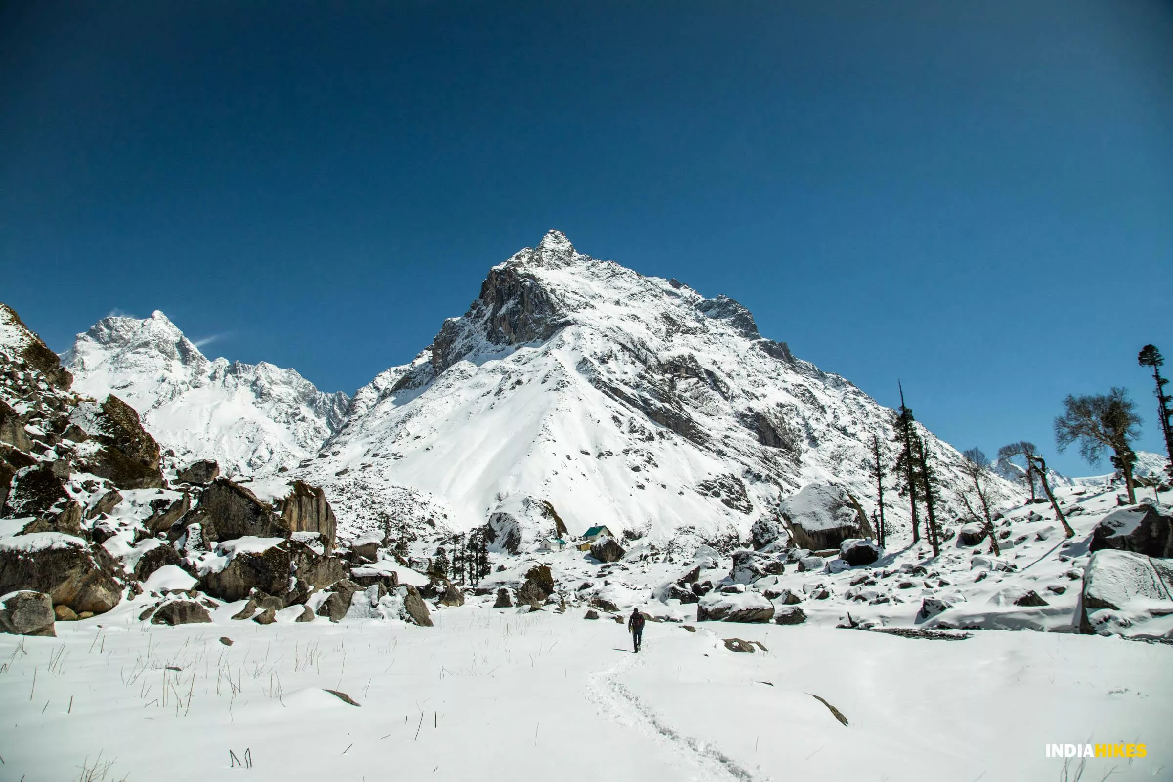 A local Sherpa guide navigates the narrow path through a snow-covered mountain landscape in the Himalayas, under a clear blue sky, with rocky terrain and sparse trees.