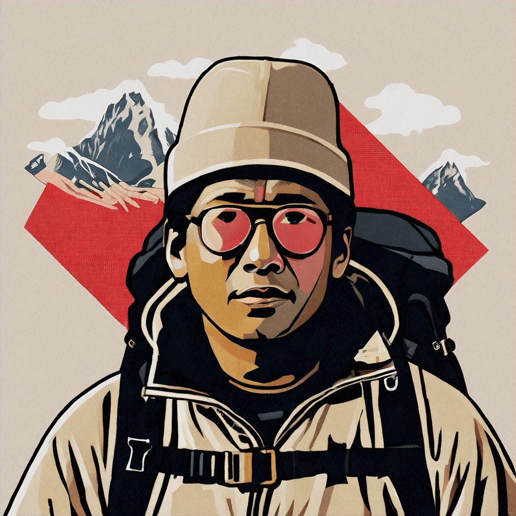 Illustration of a person, reminiscent of a local sherpa guide, wearing a beanie, glasses, and backpack. They stand against the majestic Himalayas backdrop with clouds and a red geometric shape.